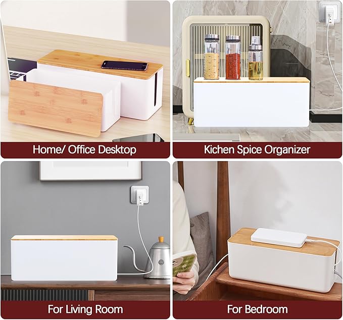 Cable Management Box,Wooden Style Large Cable Organizer Box for Office and Home,Cable Organizer Box with Proof Lock for Baby-Pets,12.5" (L) x 5" (W) 5.3" (H)（White,1Pack