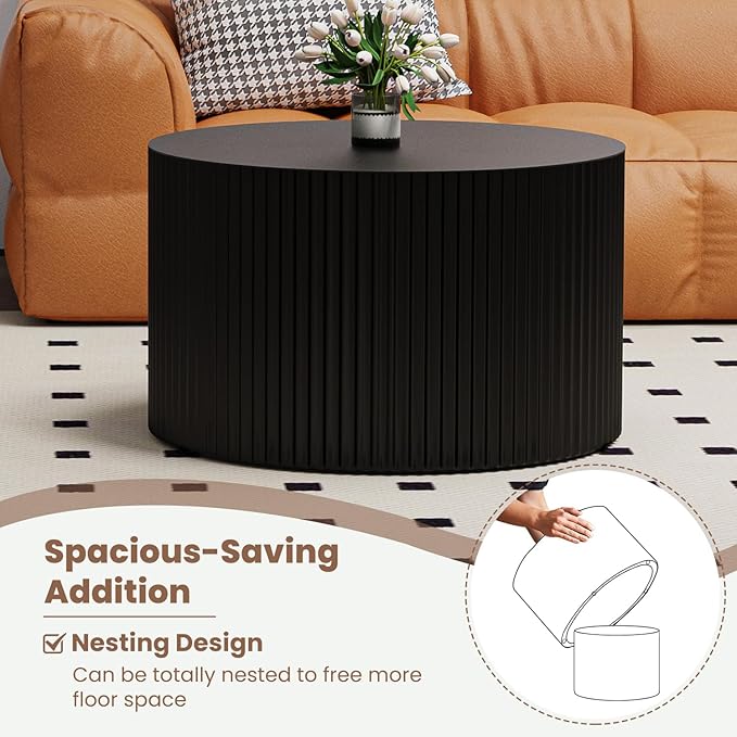 Round Nesting Coffee Table Wood Drum Nesting Tables Modern Stacking Coffee Table Set of 2 Fluted Center Table End Table for Living Room Home Office Small Spaces, No Assembling (Black Large)