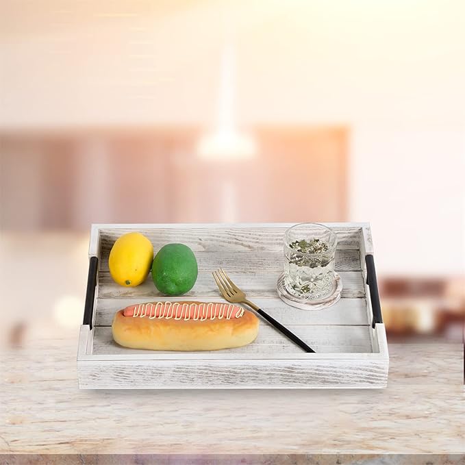 Wooden Serving Ottoman Tray With 4 Coasters, Breakfast Tray With Handles, Home Decor for Living Room, Coffee Table