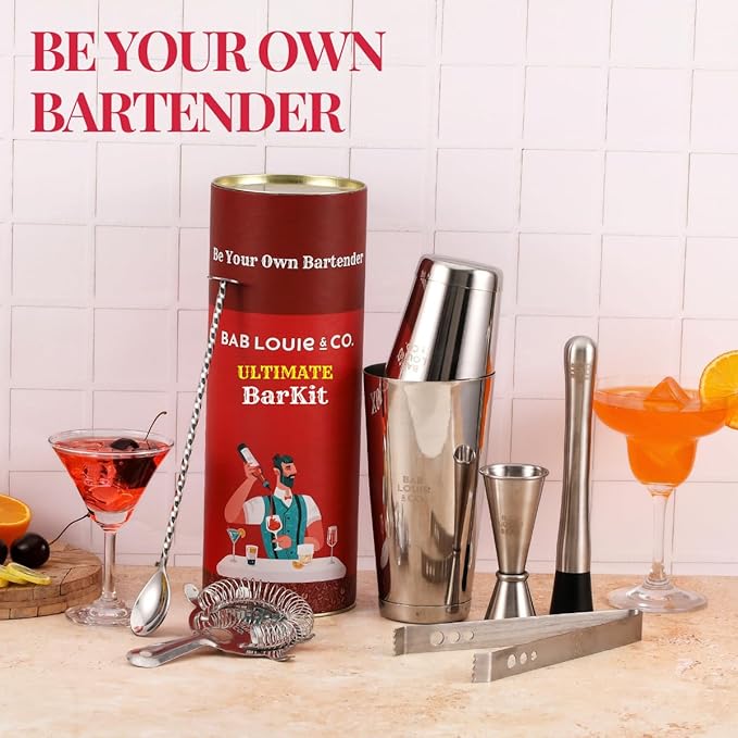 Bab Louie & Co. Bar & Cocktail Set, Ultimate BarKit, Cocktail Shaker Sets for Drink Mix, Set of 6 Stainless Steel & Anti Rust Bar Accessories, BarKit for Gift, Best Gifts for Bartender