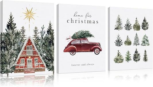DSHFG Vintage Christmas Wall Gifts for Women Housewarming, Rustic Wall Art Canvas Framed Set of 3, Farmhouse Christmas House Trees Car Wall Decor for Home Living Room Bedroom, 14x11 Inch