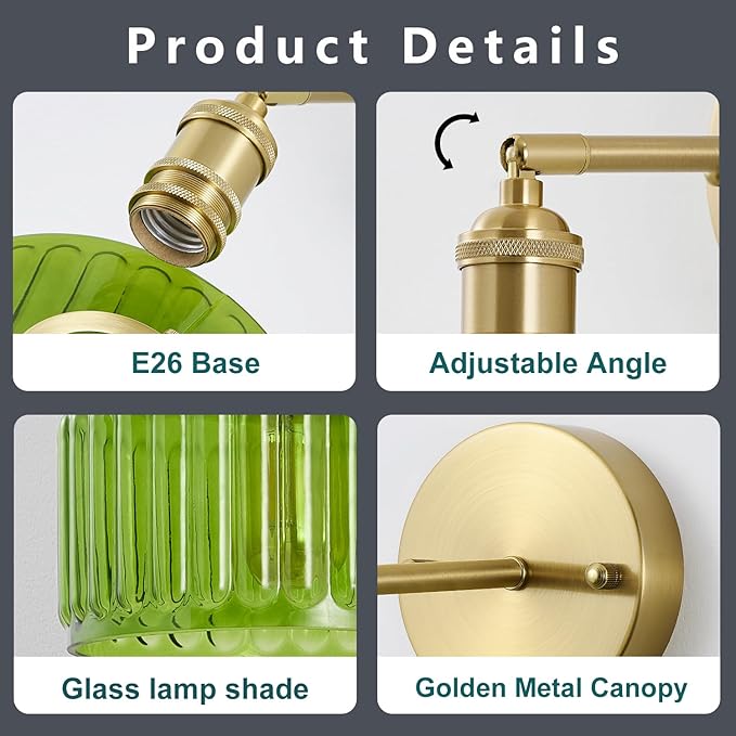 Vintage Wall Sconces with Pullswitch, 180 Degree Adjustable, Hradwired Modern Wall Lighting Fixture with Green Pumpkin Glass Lampshade for Bedroom Bedside Bathroom