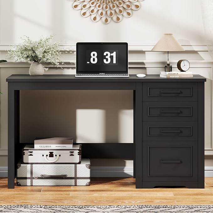 Vabches Farmhouse 49” Executive Desk with File Drawer, 4 Drawers Reversible Computer Desk with Storage, Rustic Home Writing Workstation for Home Office.Black