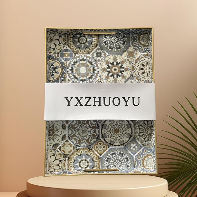 Boho Sturdy Acrylic Serving Tray with Handles-15.7x11.8Inch, Morden Plastic Rectangular Serving Tray for Coffee Table Bathroom, Ottoman, Home Decor