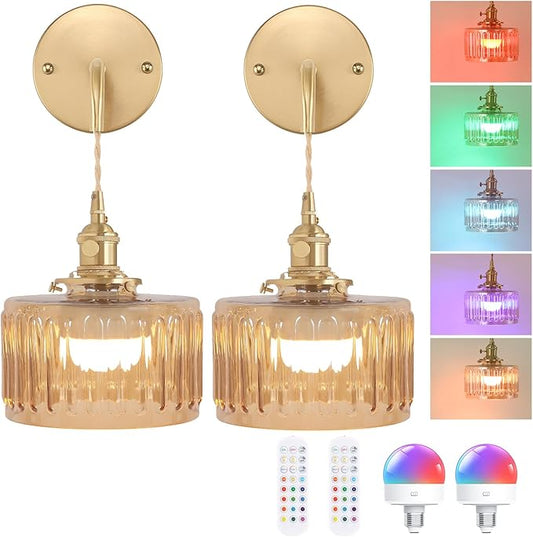 Battery Operated Wall Sconce with Amber Striped Shade Pattern Glass Adjustable Chain Retro Gold Wall Mounted Light, Modern Wall Decor for Bedside Bedroom Indoor Doorway， Set of 2