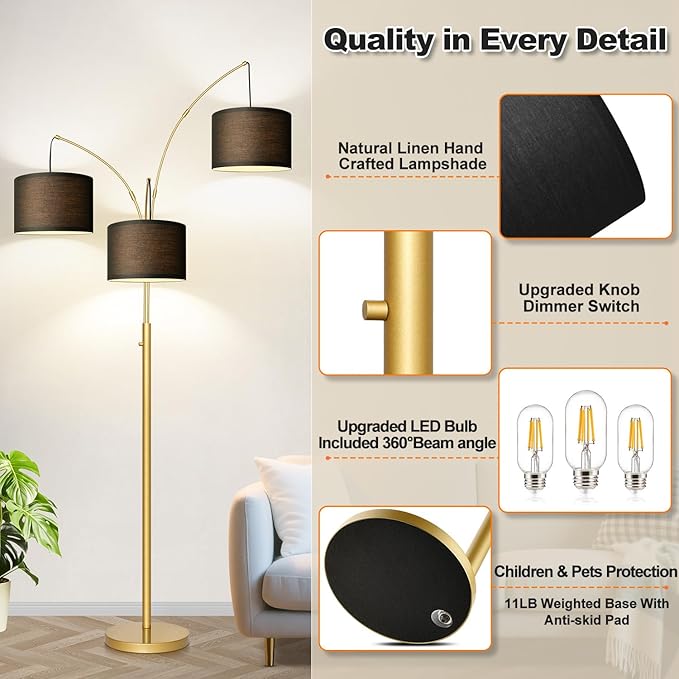 Dimmable Floor Lamp - 3 Lights Gold Arc Floor Lamps for Living Room, 1000LM Modern Tall Standing Lamp With Black Shades&Heavy Base, Mid Century Tree Floor Lamp for Bedroom Office, 3 LED Bulbs Included