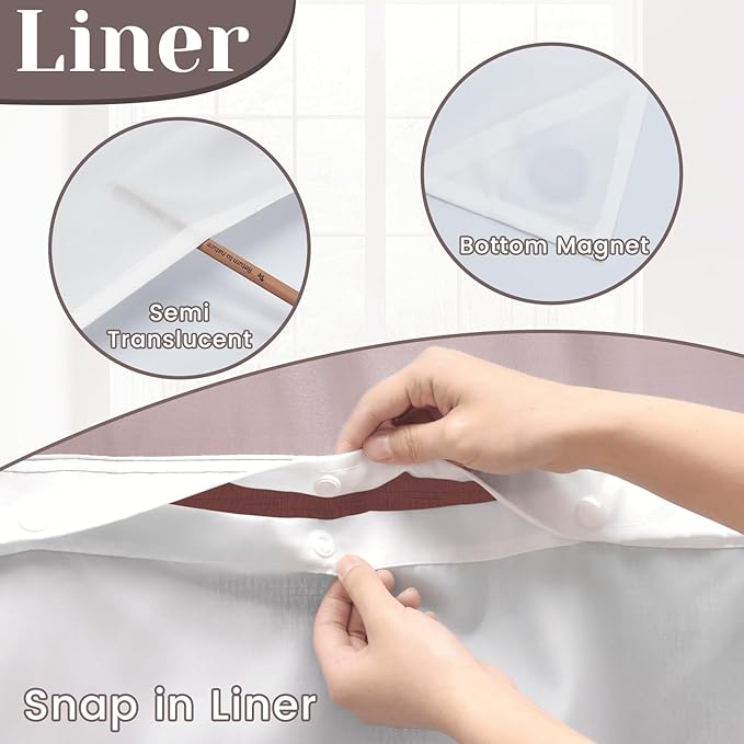 No Hook Slub Textured Shower Curtain with Snap in Liner - Burgundy Fabric Outer Curtain & Waterproof Inner Liner, Hotel Style with See Through Top Window, 71x74 in