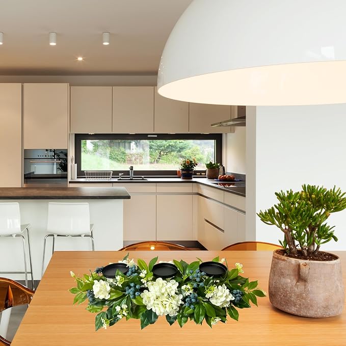 All Season Candle Holder Centerpiece for Table with Artificial Blueberry,White Hydrangea and Eucalyptus Leaf for Table Centerpiece Decor,Dining Room,Party Home Decor