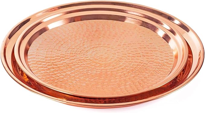 2-Pack Copper Tray - Large 15" Round, Medium 13" Round - Rose Gold Decorative Serving Tray