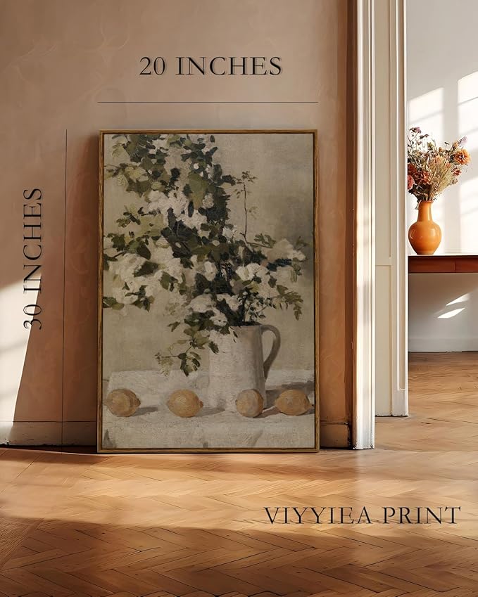 VIYYIEA Vintage Floral Large Framed Wall Art, Flowers and Lemons Paingtings Decor Aesthetic, 20x30 Inch Canvas Print Artwork, Farm Still Life Wall Pictures for Bedroom Living Room