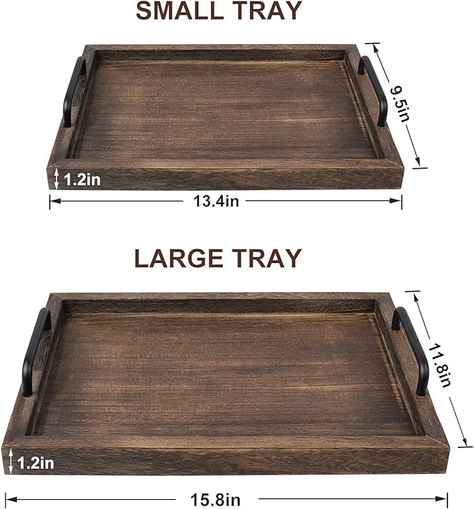 LIBWYS Rustic Wooden Serving Trays with Handle-Set of 2-Decorative Nesting Food Board Platters for Breakfast, Coffee Table/Butler (Large 15.8x11.8x1.2 inches, Small 13.4x9.4 x1.2 inches)