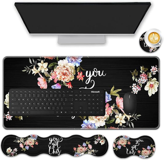 Mouse Pad Set,(31.5×11.8 in) Desk Pad + Keyboard Wrist Rest Support + Mouse Wrist Rest + Coaster for Office,Home,Computer,Laptop - 4 Motiavation Quote You Got This