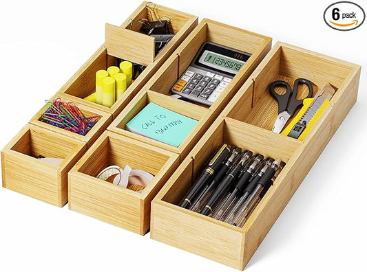 Desk Drawer Organizer Tray Set of 6 – Bamboo Office Storage Boxes with 12 Compartments for Office Supplies, Cosmetics, Jewelry and More