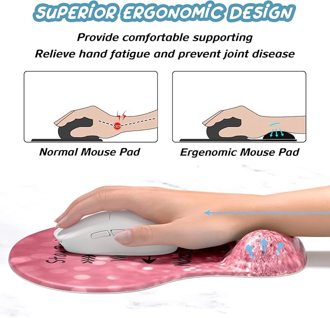 Hsurbtra Ergonomic Mouse Pad with Wrist Rest Support, Gel Mouse Pads with Non-Slip PU Base, Pain Relief Memory Foam Computer Mat, Cute Office Supplies Desk Decro Accessories, Work Hard