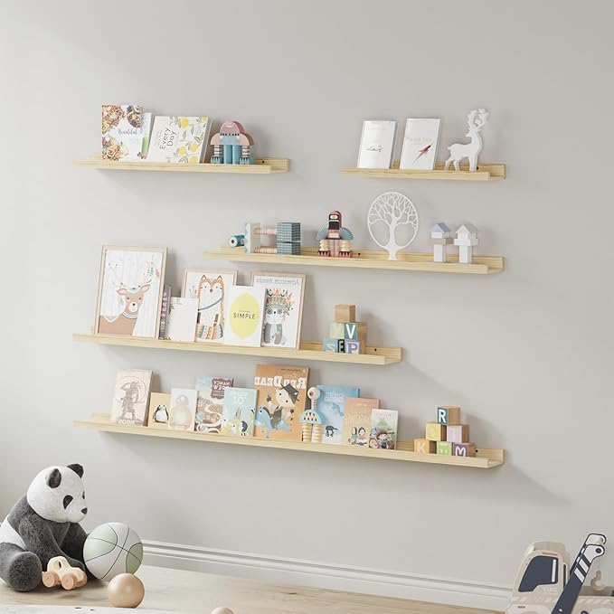 SAUMONIERES Picture Ledge Shelf Floating Book Shelves Set of 2 Wall Mounted Solid Wood for Bedroom Bathroom Living Room Kitchen, 55 Inch Natural