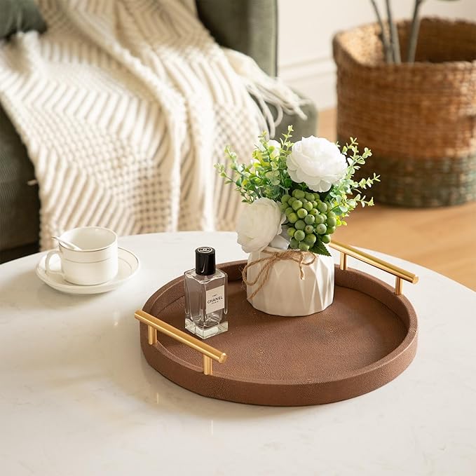 Set of 2 Round Shagreen Serving Tray, Modern Decorative Tray with Gold Polished Metal Handles, Coffee Table Ottoman Trays Perfume Trays Living Room Bathroom Home Decor (Brown)