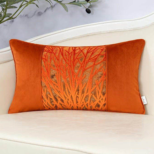 Yangest Orange Throw Pillow Cover Velvet Cushion Cover Branches Rectangular Pillowcase for Sofa Couch Bedroom Living Room, 12x20 Inch