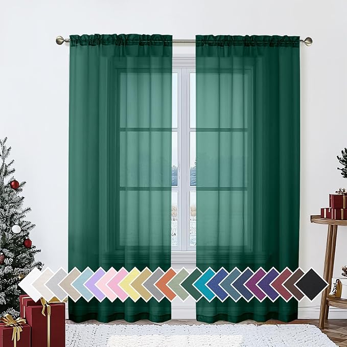 Aiyufeng Hunter Green Sheer Curtain Drapes 72 Inch Length 2 Panels for Living Room, Light Filtering Voile Green Drapes for Bedroom, Patio, Sliding Door, Each 42" W x 72" L