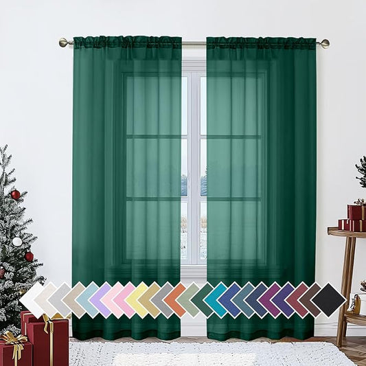 Aiyufeng Hunter Green Sheer Curtain Drapes 72 Inch Length 2 Panels for Living Room, Light Filtering Voile Green Drapes for Bedroom, Patio, Sliding Door, Each 42" W x 72" L