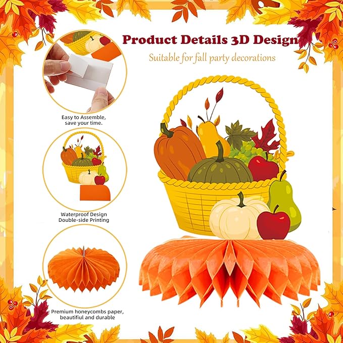 9Pcs Thanksgiving Centerpiece Fall Centerpiece Table Decorations Pumpkin Turkey Honeycomb Thanksgiving Table Centerpiece for Thanksgiving Table Decoration Autumn Theme Birthday Party Supplies