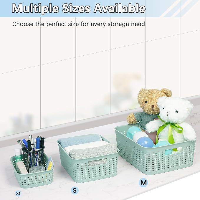 Soddeph Plastic Storage Baskets for Cabinets, Household Pantry Organization with Handle,Organizer Bins for Room,Bathrooms,Under-Sink,Kitchen (Green, M-3PACK)