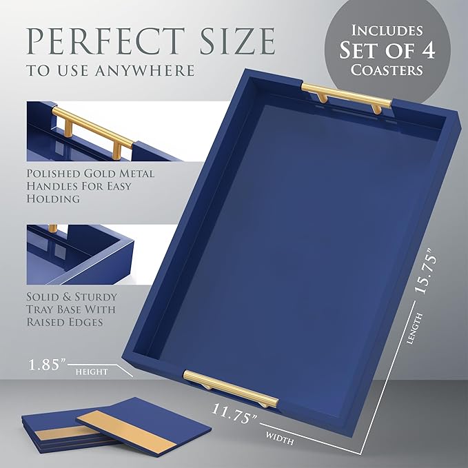 Wood Serving Tray with Gold Polished Metal Handles, Home Decorative Wooden Rectangle Ottoman Decor Platter Bathroom Vanity Tray for All Occasions Gloss Finish, 16"x12", Navy Blue