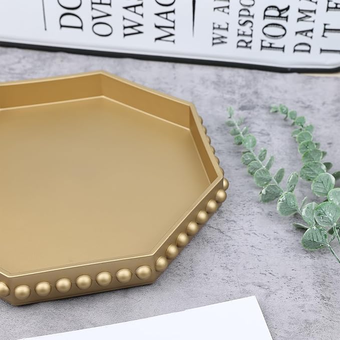 Gold Serving Tray for Coffee Table, Octagonal Beaded Plastic Decorative Tray for Ottoman, Kitchen Counter, Living Room, Outdoor Lacquer Tray for Entertaining