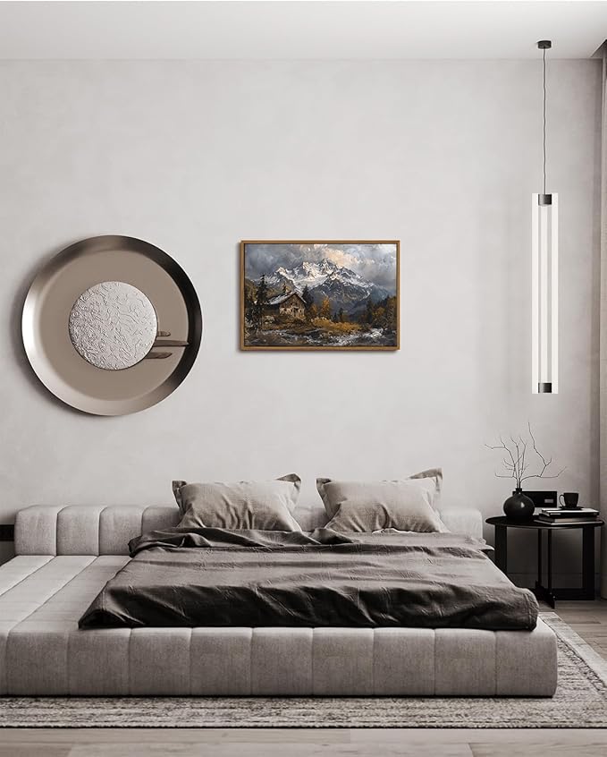 KISSFOX Vintage Landscape Alpine Canvas Wall Art Winter Farmhouse Snow Mountain Chalet Framed Wall Art Natural Countryside Paintings Artwork Rustic Art Prints For Bedroom Bathroom Living Room
