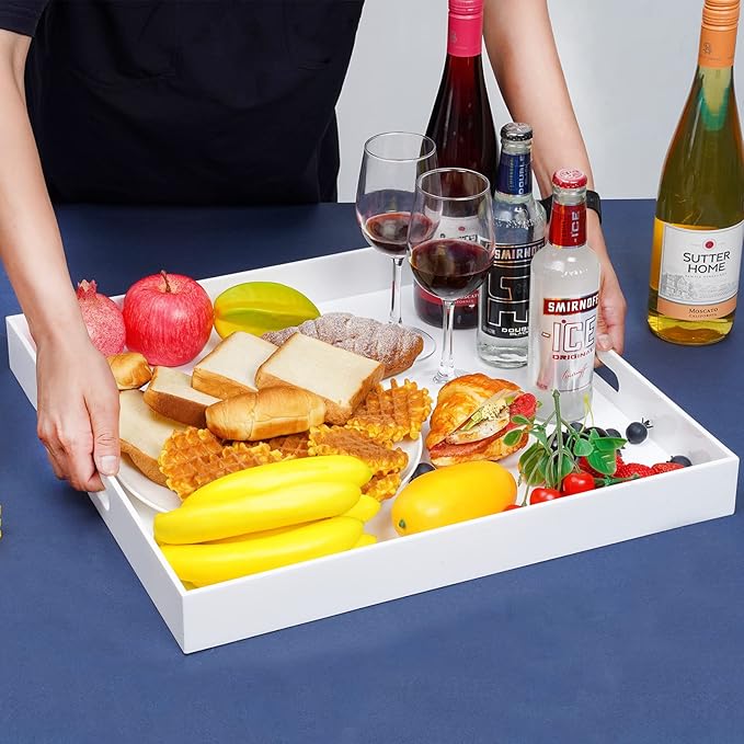 20×20 Inches Oversize Extra Large Sturdy Glossy White Acrylic Serving Tray King Size Decorative Big Ottoman Trays with Cut Out Handles Water Proof Bed Tray Coffee Counter Top Organizer