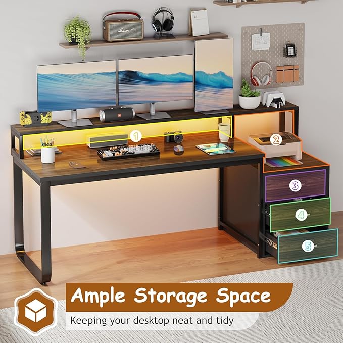 HOMBCK 67" Computer Desk with 3 Drawers, Home Office Desk with Long Monitor Stand and Printer Space, Office Desk with Storage & LED Lights, Writing Desk with Drawers, Black and Walnut