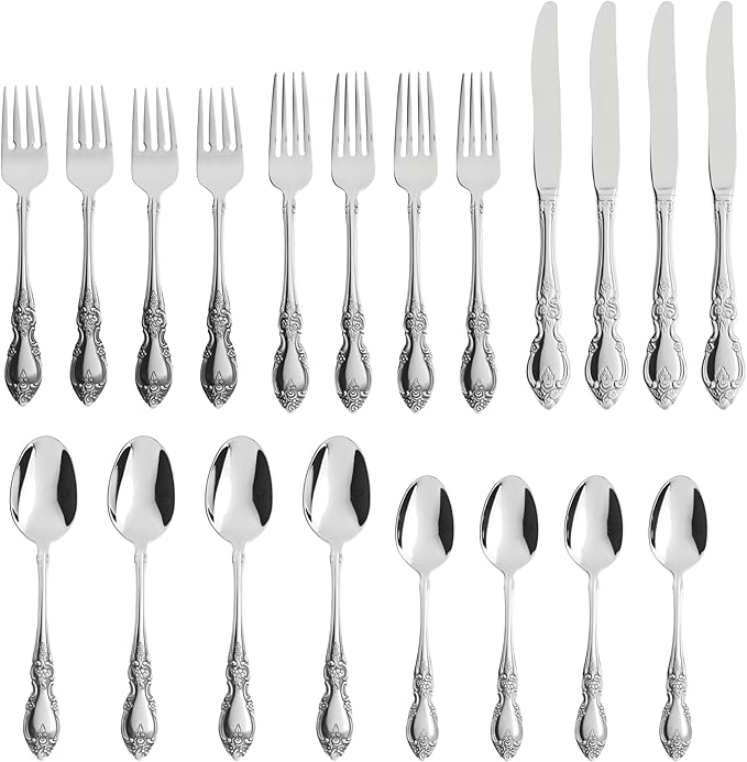 Oneida Silverware Set For 4, Louisiana 20-Piece Fine Flatware Set, Service For 4, 18/8 Stainless Steel, Silver, Mirror Finish, Knives Spoons and Forks, Dishwasher Safe, Tableware (Silver, 20 Pieces)