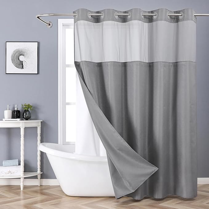 Grey No Hook Shower Curtain with Snap-in Fabric Liner Set,Slub Textured Fabric Shower Curtains for Bathroom,Hotel Style Modern Shower Curtain,Water Repellent & Washable,71x74(72)