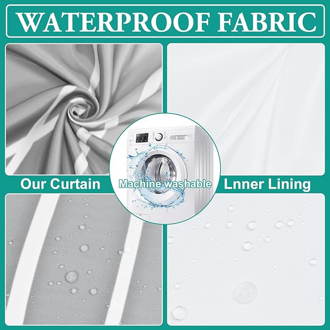 No Hook Ombre Grey Striped Stall Shower Curtain with Snap in Liner Set - Hotel Shower Curtain and Liner Set with See Through Mesh Top Window,Machine Washable, 54x80 INCH