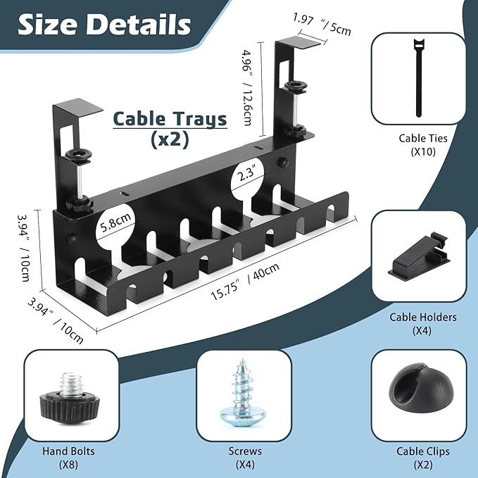 Under Desk Cable Management Tray 2 Pack Black, No Drill Cord Organizer with Clamp for Wire Management, Home & Office Accessories