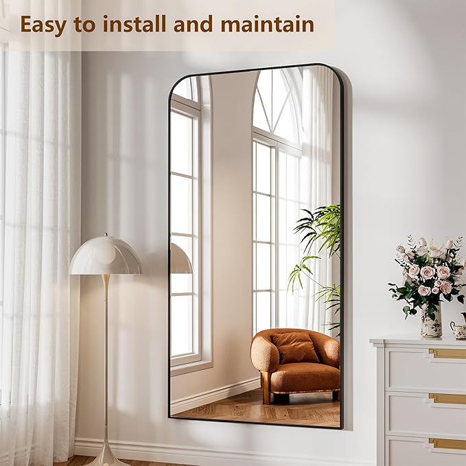 Koonmi Full Length Mirror, 76"x34" Mirror Full Length with Stand, Black Domed Top Square-Edged Floor Mirror with Aluminum Alloy Frame for Bedroom Living Room