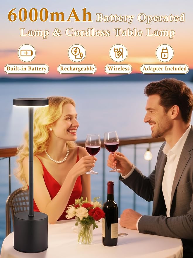 Cordless Table Lamps Set of 2,6000mAh Battery Operated Lights,Dimmable+3 Colors Rechargeable Lamp Cordless Lamp,Portable Wireless Small Table Lamp for Bedroom/Kitchen/Bathroom/Dining/Outdoor [Adapter]