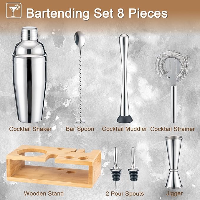 BRIOUT Cocktail Shaker Set, 8-Piece Bartender Kit Include Stand Martini Shaker Jigger Strainer Muddler Mixer Spoon Pour, Home Bar Accessories Tools for Drinks Mixing, Stainless Steel Silver