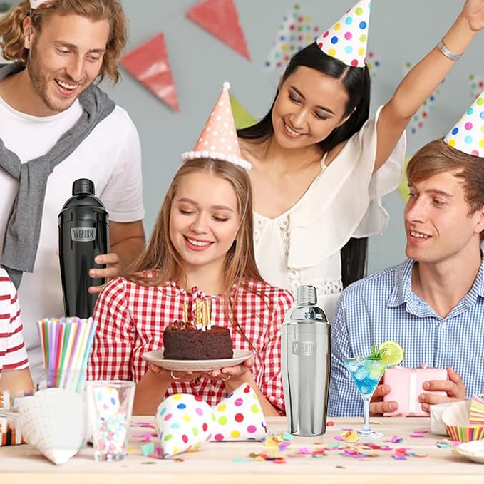 Stainless Steel Cocktail Shaker Set, 24oz/750ml Bartender Kit Includes Strainer and Stir Stick for Home, Bar, Party, Bar Accessories for The Home Bar Set (Black)