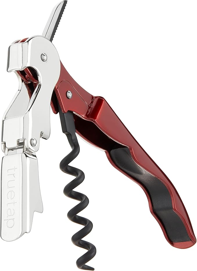 True Brands TrueTap Double Hinged Waiters Corkscrew, Top-notch Stainless Steel Opener with Foil Cutter Built to Last Wine Key Metallic Red, Set of 1 (Pack of 2)