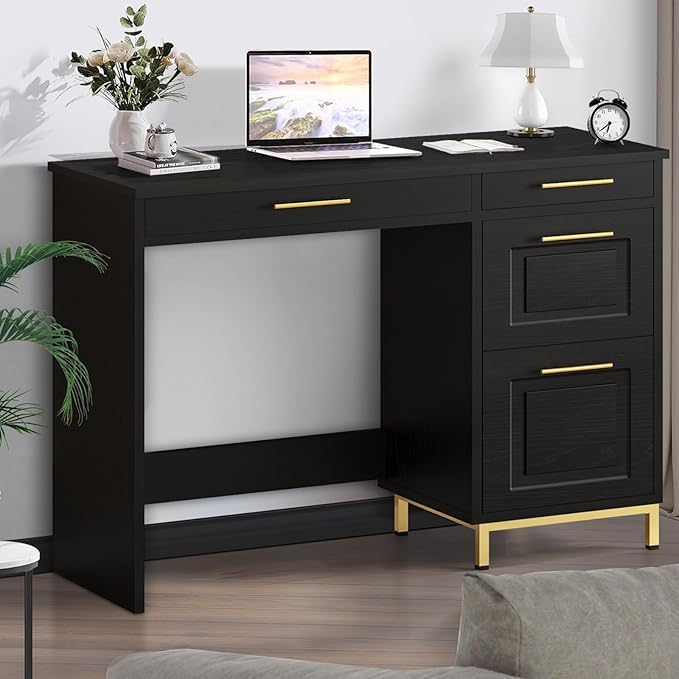 4 EVER WINNER Computer Desk with Drawers, 43 Inch Small Desk with Storage Shelves, Home Office Desk with Drawers for Small Space, Black