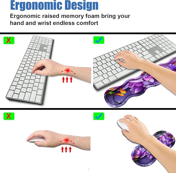 4 in 1 Ergonomic Memory Foam Mouse Pad Wrist Rest Set, Large XXL Gaming Desk Pad + Keyboard Wrist Rest + Mouse Wrist Cushion + Coaster for Home Office Study Gaming, Purple Flowers and Butterfly