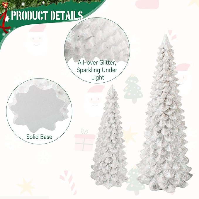 2Pcs Christmas Tree Decoration Figurines, Christmas Tree Statues Glittered Resin Desktop Mini Small Tabletop Ornaments Holiday Fireplace Home Decor Gifts (White)