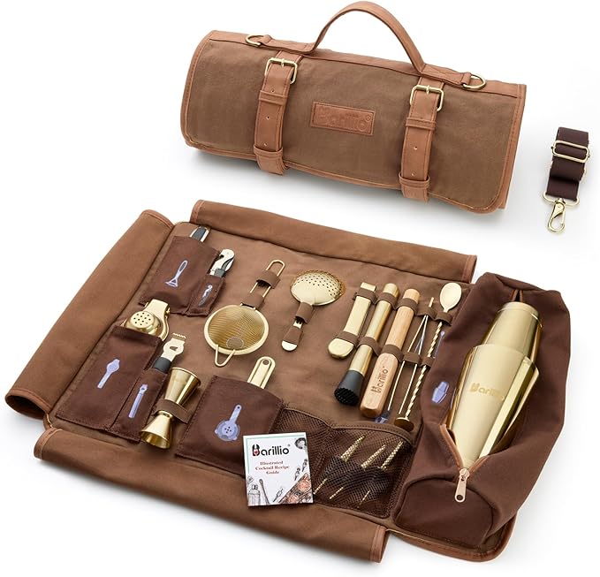 Barillio Bartender Kit Bag with Gold Cocktail Shaker Set - Waxed Canvas, Traveling Bar Tools Bag with 17-Pc Cocktail Kit - Travel Mixology Bartending Kits - Mobile Bar Roll with Strap & Accessories
