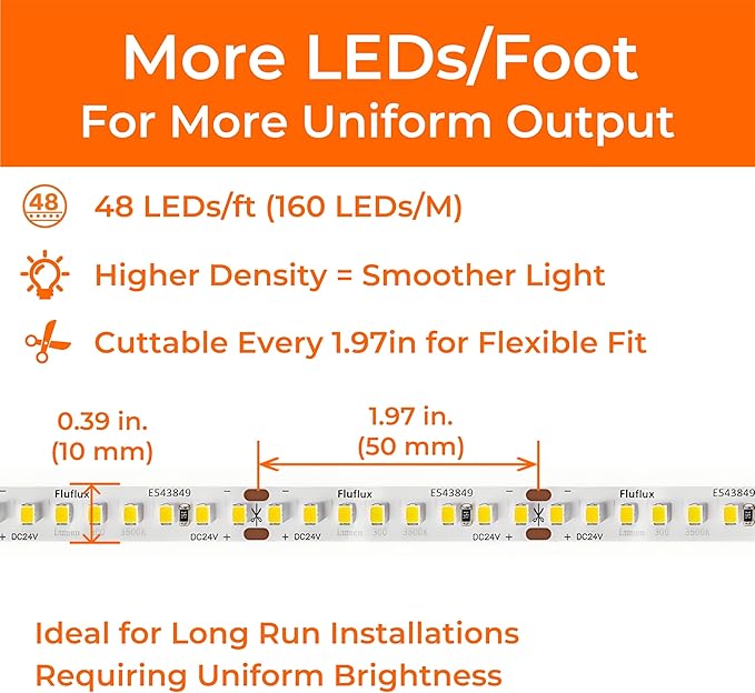 24V 2835 LED Strip Lights 3500K, 300+LM/FT, 16.4FT, UL Listed, CRI95, High Density 160LEDs/m Tape Light, Cuttable, Dimmable, VHB Equipped, for Pros, Rooms, Stairs, Shelves (NO Power Supply)