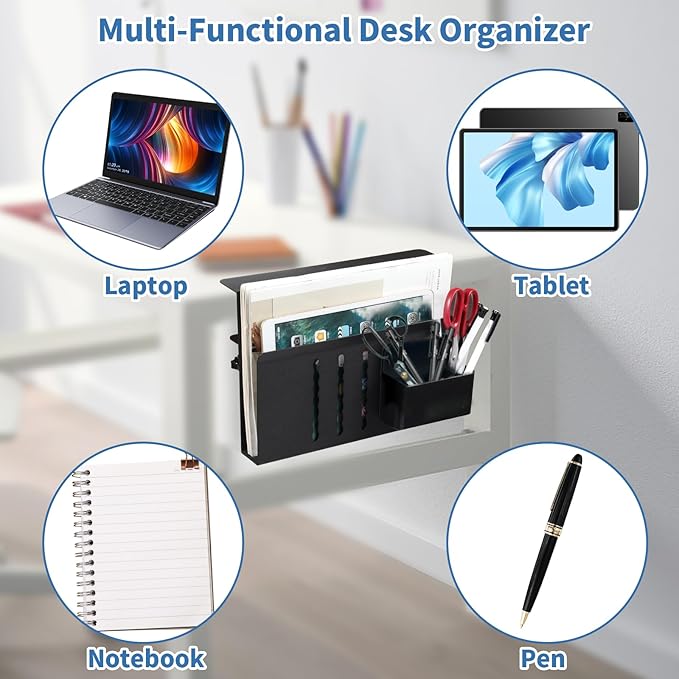 Desk Side Storage, Desk Laptop Holder with Anti-Scratch Pad & Magnetic Pen Holder, No Drill Hanging Table Organizer for Office and Home Fits Flat Edge 0.3" to 2.3"