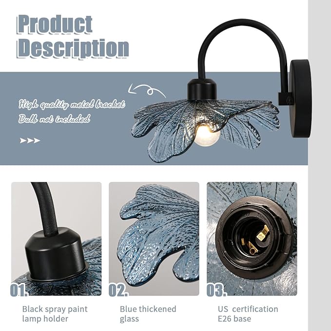 vintage wall sconce matte black bathroom vanity light mid century modern wall sconce Blue Glass Flower wall lamp 1-Light Vanity Light Over Mirror bedroom wall sconces for Bedroom Hallway Living Room