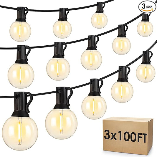 Mlambert 300Ft(3x100Ft) LED Outdoor String Lights Dimmable Waterproof G40 Globe Patio Lights with 150+7 Warm White Bulbs for Backyard Cafe-Black Cord