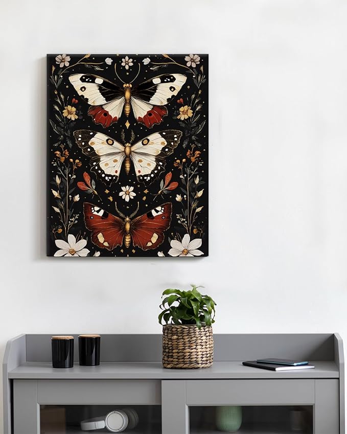 Aesthetic Moths Wall Art Decor Gothic Dark Academia Moth Canvas Print Poster Botanical Framed Painting Wall Decorations for Home Farmhouse Living Room Bedroom Decor 8x10 Inch