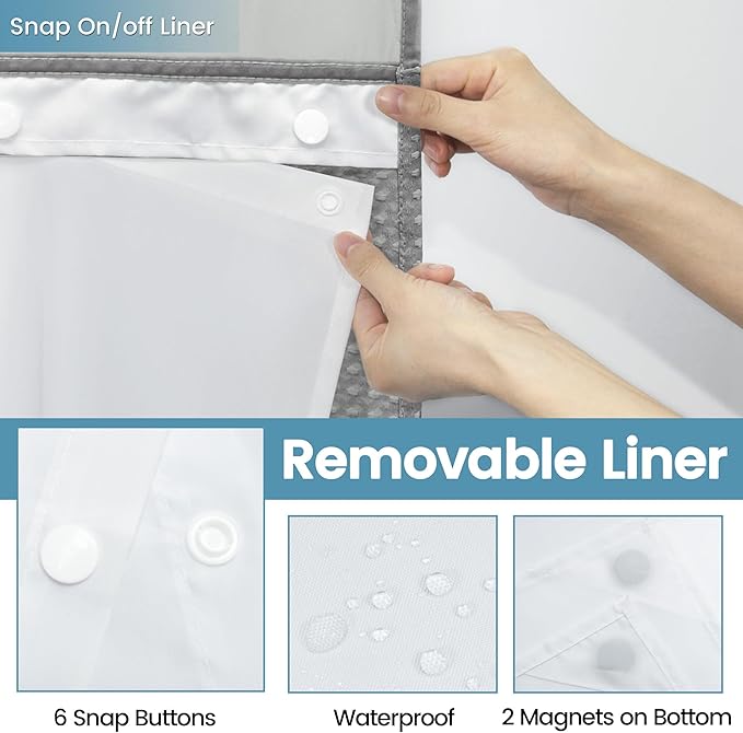 Stall No Hook Shower Curtain with Snap in Liner,230GSM Waffle Weave Shower Curtains for Bathroom,36W x 74H,Grey