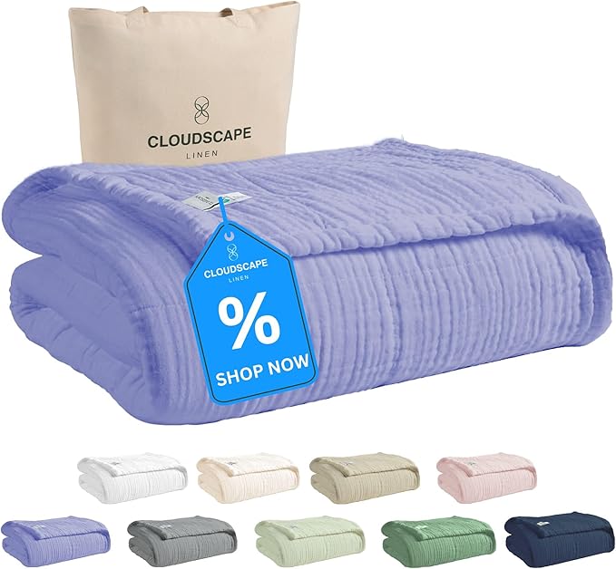 Cloud Scape Linen Extra Large 4 Layer Muslin Throw Blanket - 100% Cotton Gauze, Lightweight & Breathable All Season, Pre-Washed, for Couch & Bed, 50x70, Lavender Blue